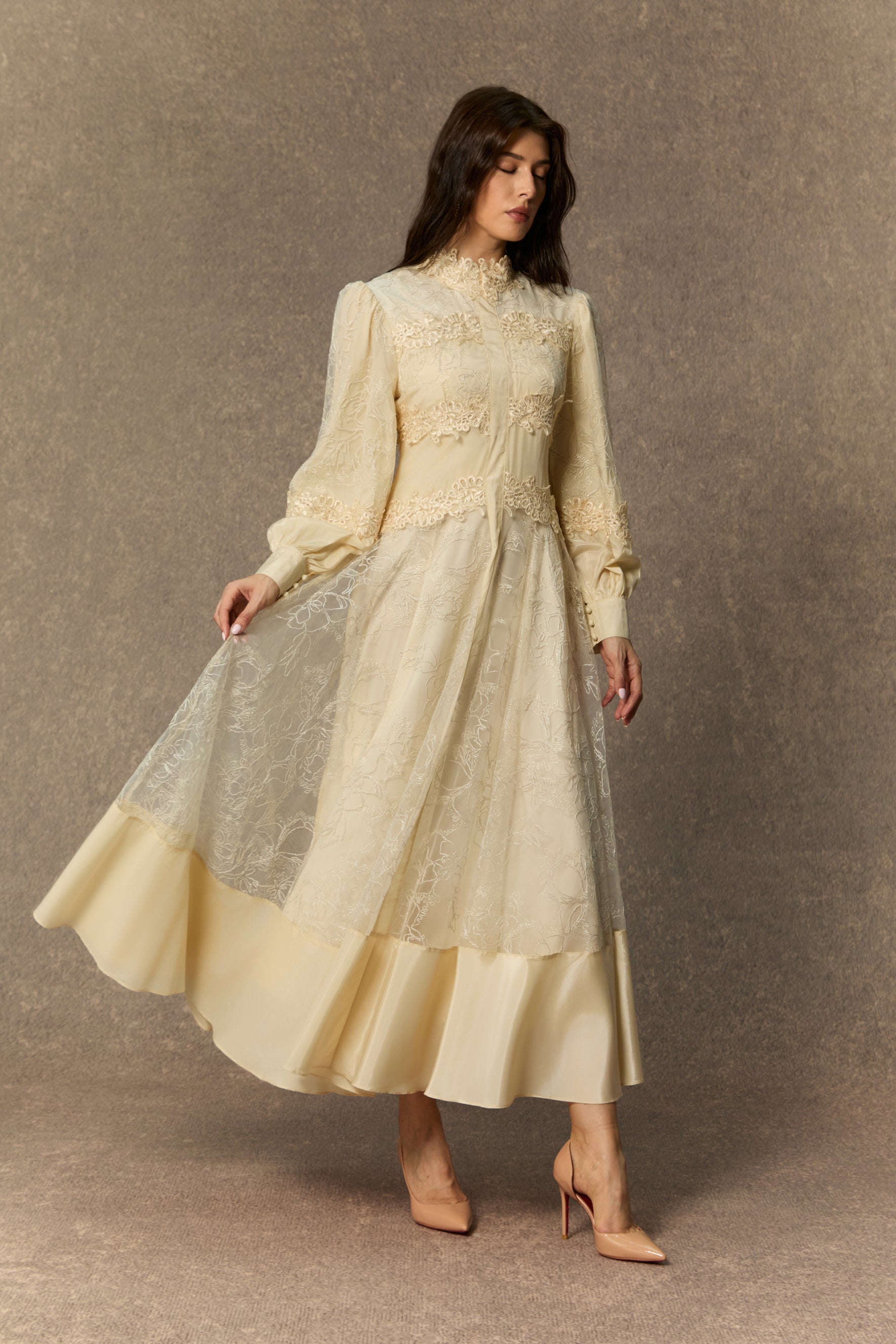 Deep Dreams Beige Lace Embroidered Lantern Sleeve Maxi Dress