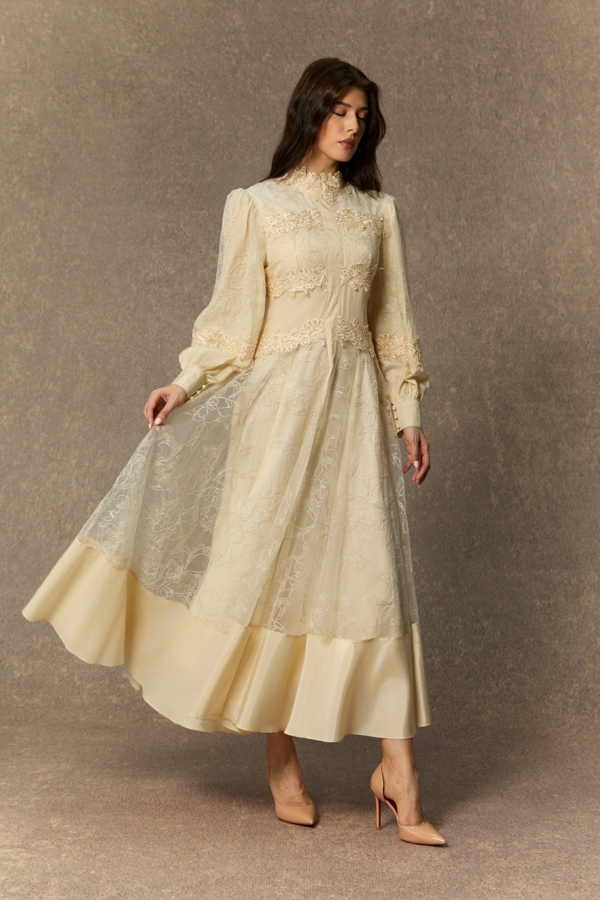 Deep Dreams Beige Lace Embroidered Lantern Sleeve Maxi Dress