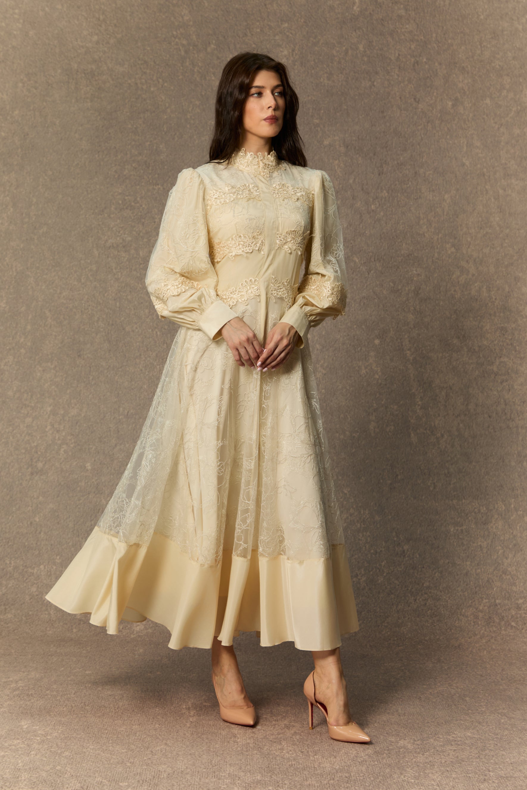 Deep Dreams Beige Lace Embroidered Lantern Sleeve Maxi Dress