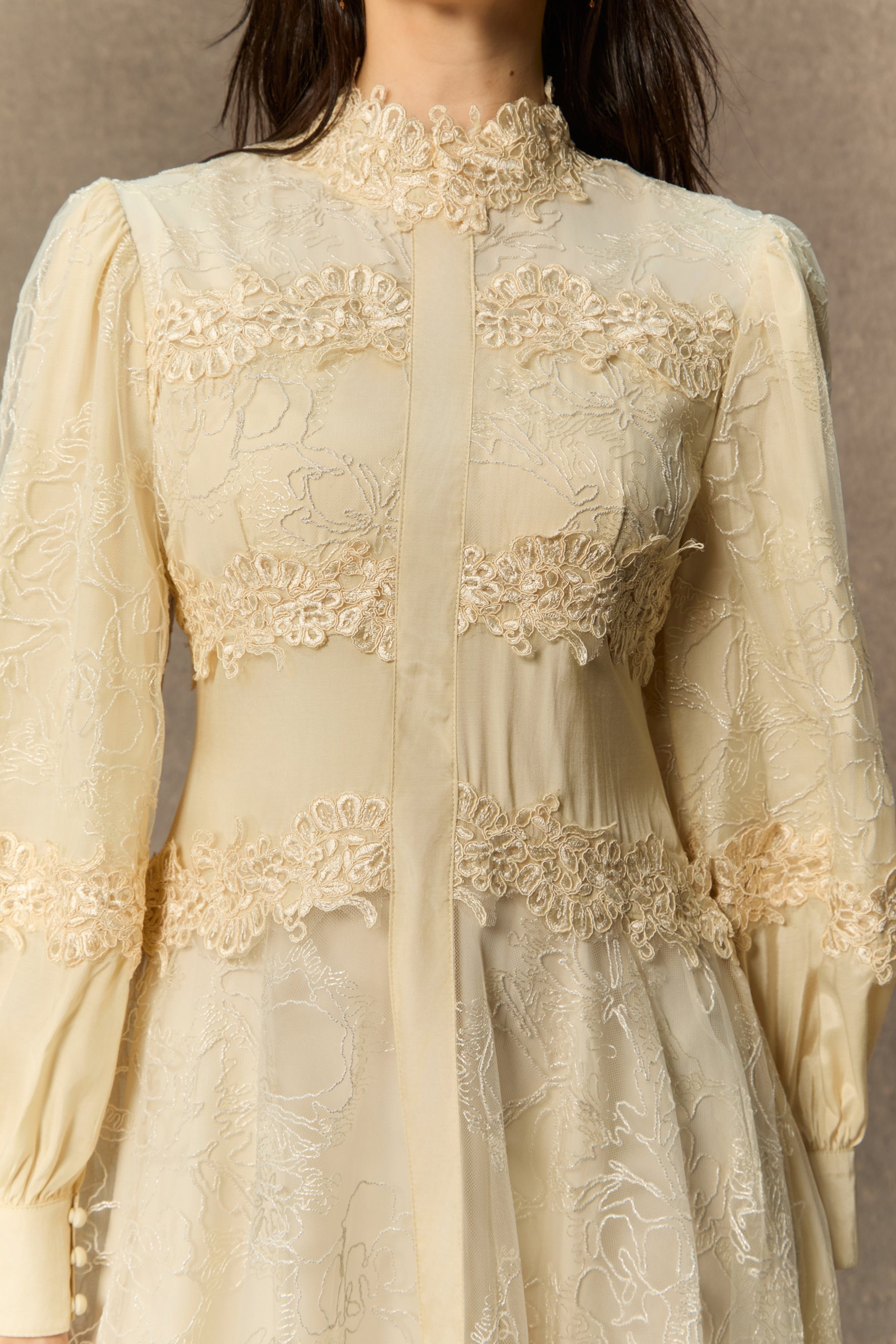 Deep Dreams Beige Lace Embroidered Lantern Sleeve Maxi Dress
