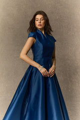 Lavish Looks Blue Cap Sleeve Notch V鈥慛eck Midi Dress