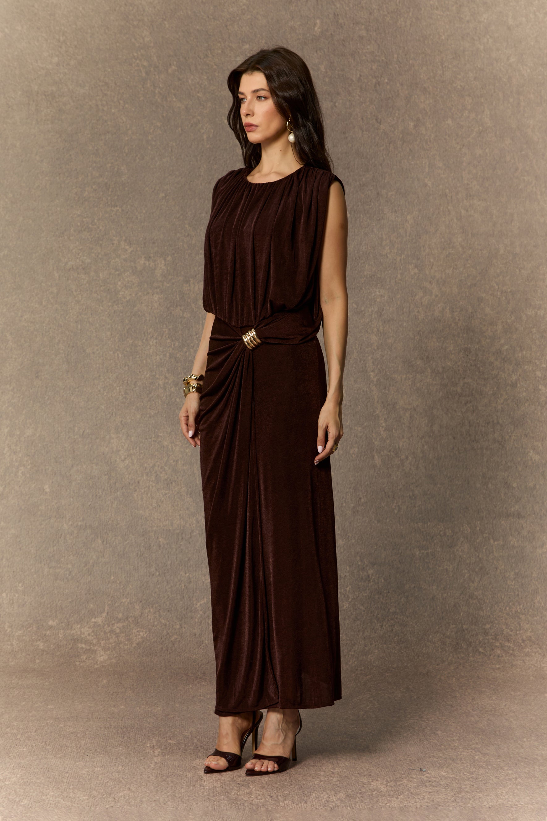 Effortlessly Yours Brown Sleeveless Draped Maxi Dress