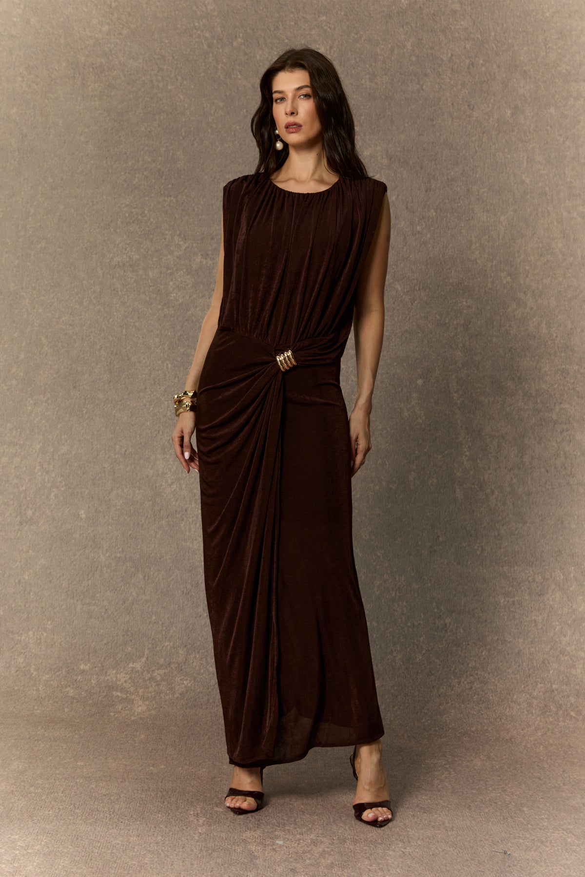 Effortlessly Yours Brown Sleeveless Draped Maxi Dress