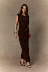 Effortlessly Yours Brown Sleeveless Draped Maxi Dress