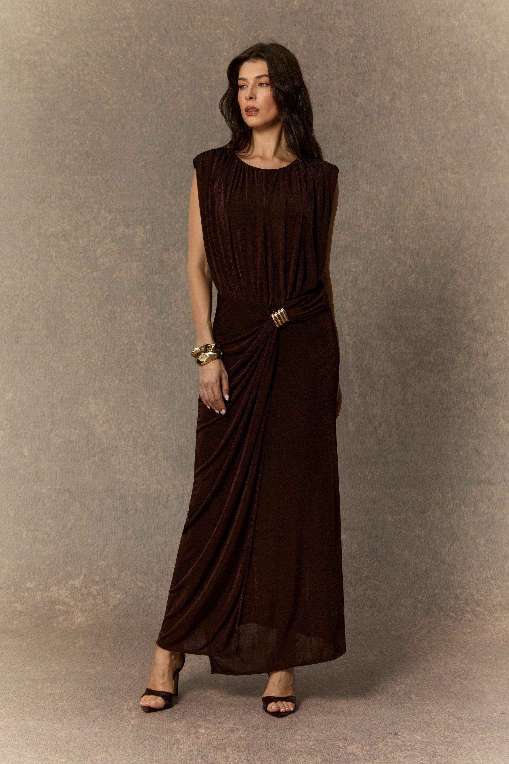 Effortlessly Yours Brown Sleeveless Draped Maxi Dress