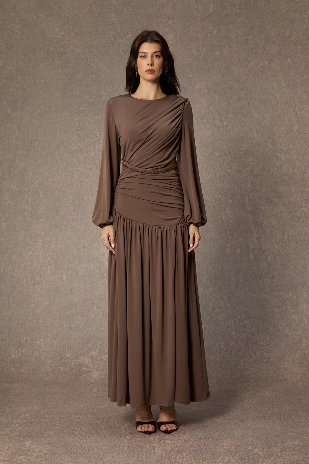 Beyond Classy Brown Asymmetric Ruched Maxi Dress