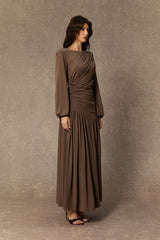 Beyond Classy Brown Asymmetric Ruched Maxi Dress
