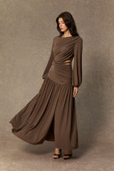 Beyond Classy Brown Asymmetric Ruched Maxi Dress