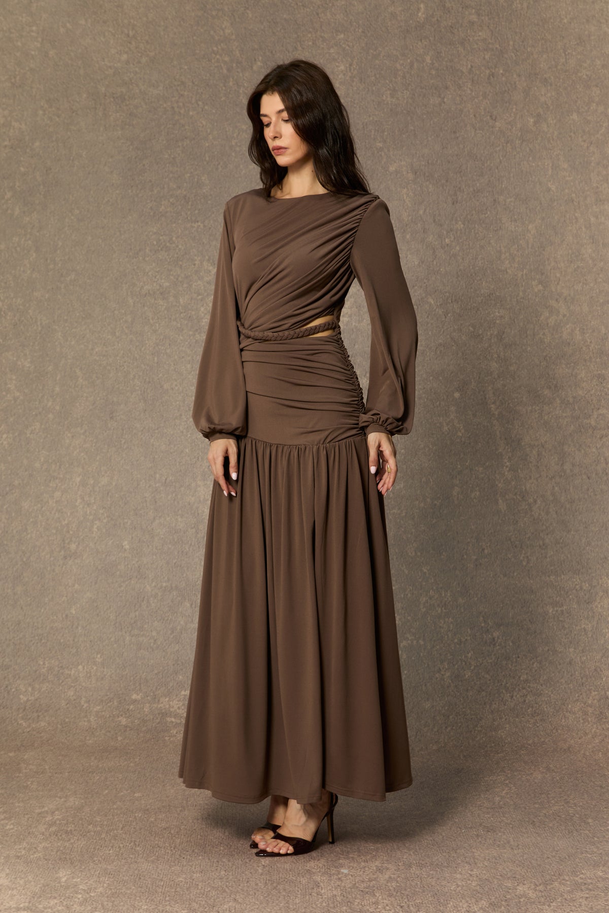 Beyond Classy Brown Asymmetric Ruched Maxi Dress