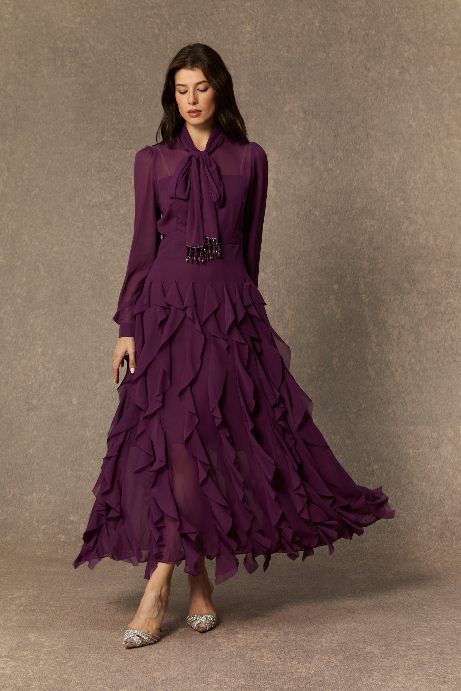 Ultimate Beauty Purple Bow Neck Tiered Ruffle Maxi Dress