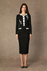 Marvelous Match Black Floral Embroidered Contrast Trim Skirt Set