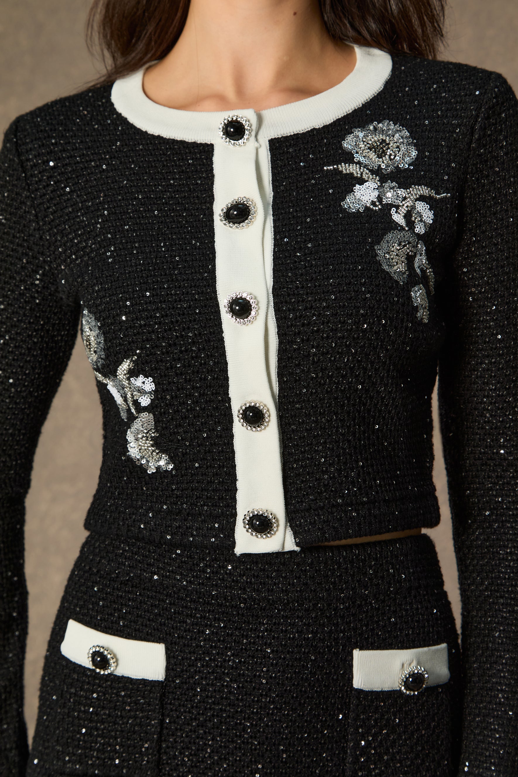 Marvelous Match Black Floral Embroidered Contrast Trim Skirt Set