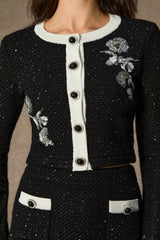 Marvelous Match Black Floral Embroidered Contrast Trim Skirt Set