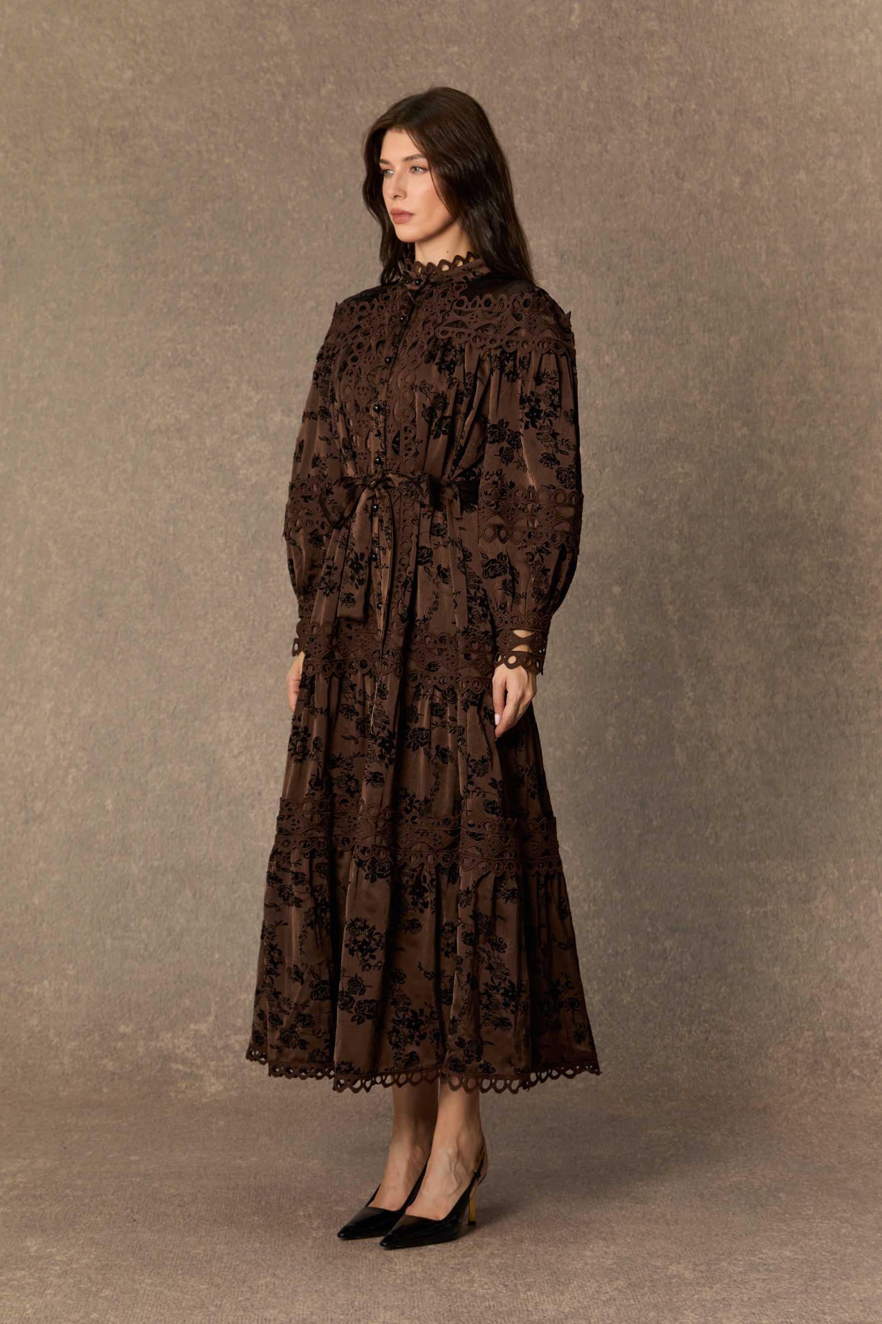 Romantic Vintage Brown Floral Print Lace Trim Midi Dress