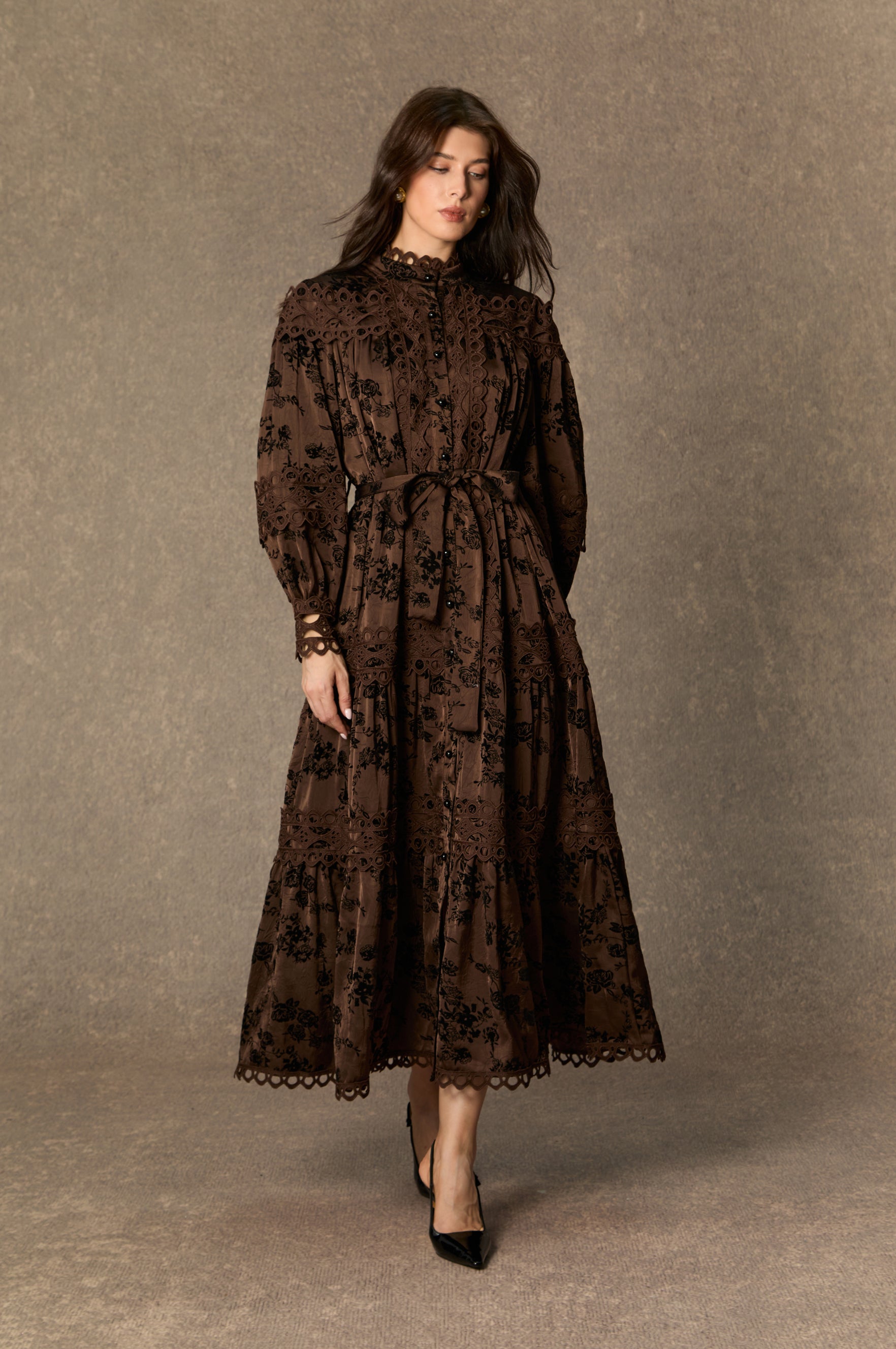 Romantic Vintage Brown Floral Print Lace Trim Midi Dress