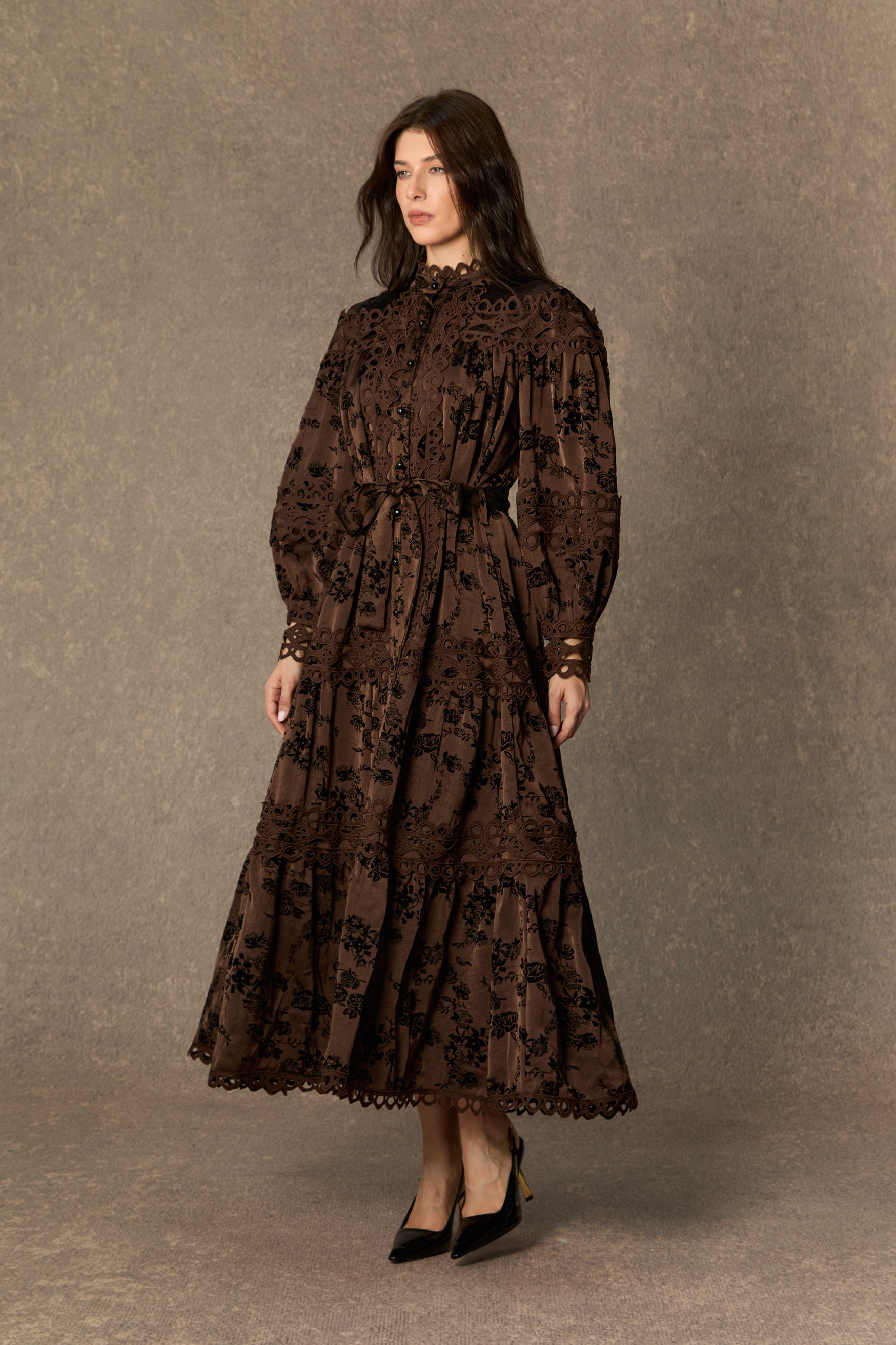 Romantic Vintage Brown Floral Print Lace Trim Midi Dress