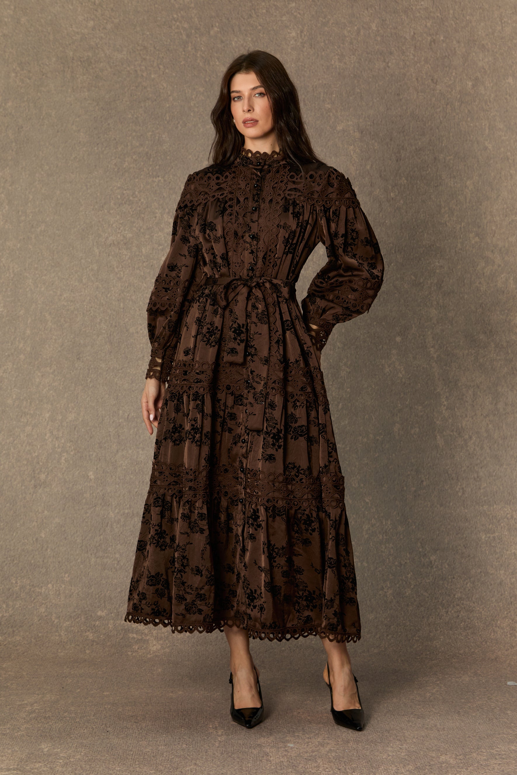 Romantic Vintage Brown Floral Print Lace Trim Midi Dress