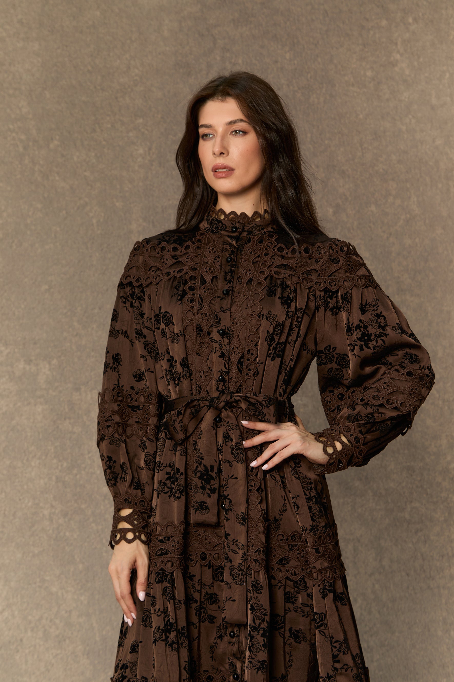 Romantic Vintage Brown Floral Print Lace Trim Midi Dress