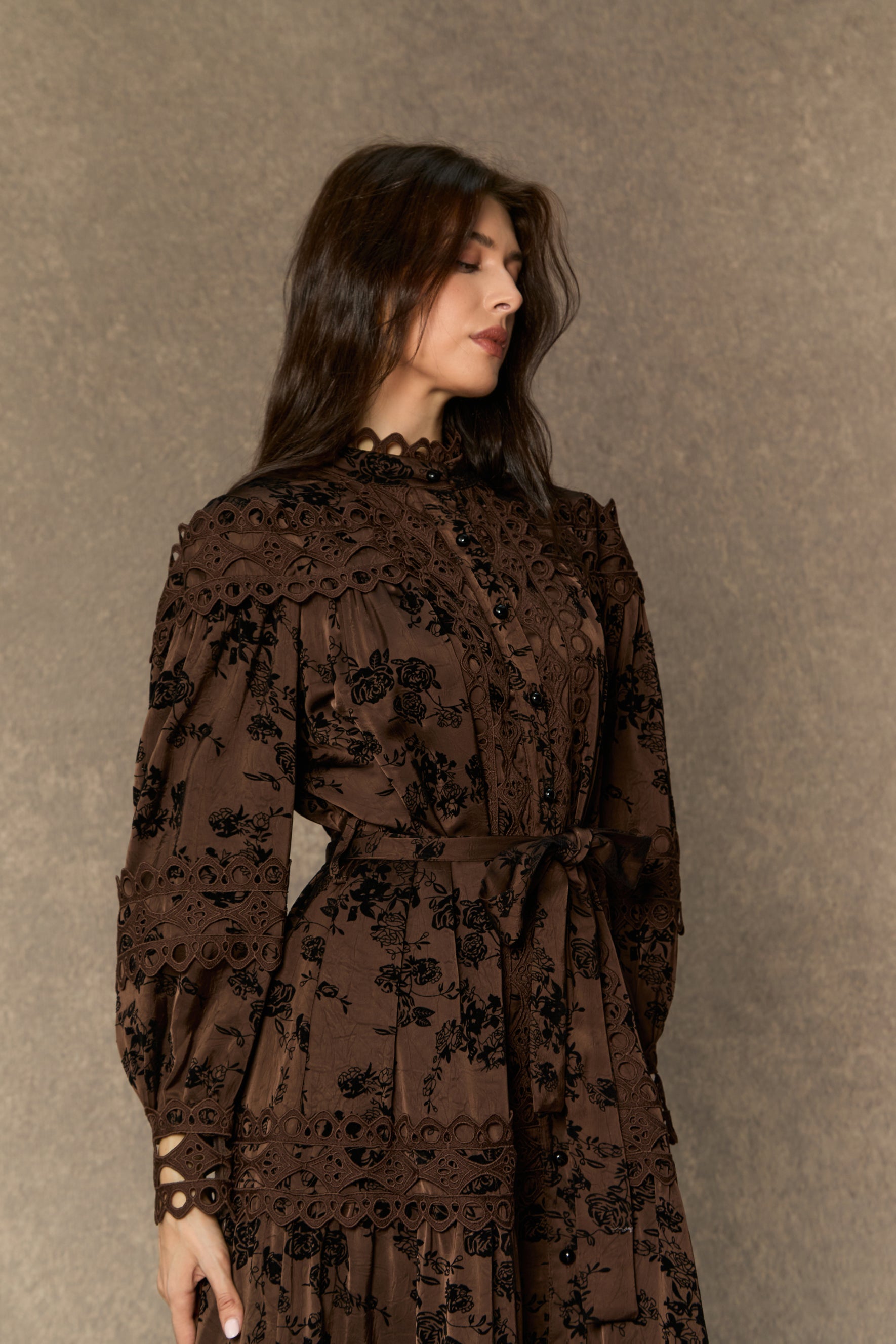 Romantic Vintage Brown Floral Print Lace Trim Midi Dress