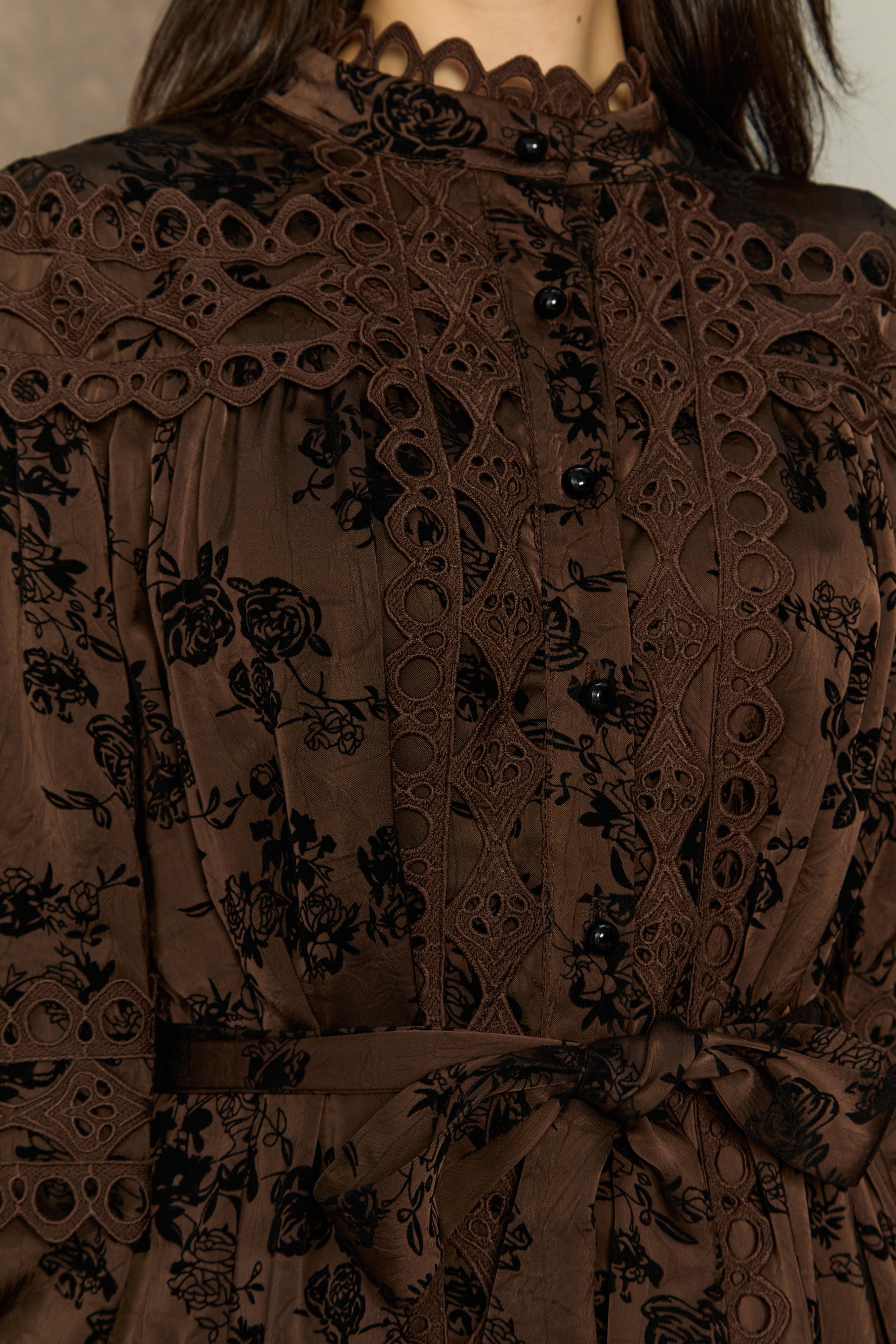 Romantic Vintage Brown Floral Print Lace Trim Midi Dress