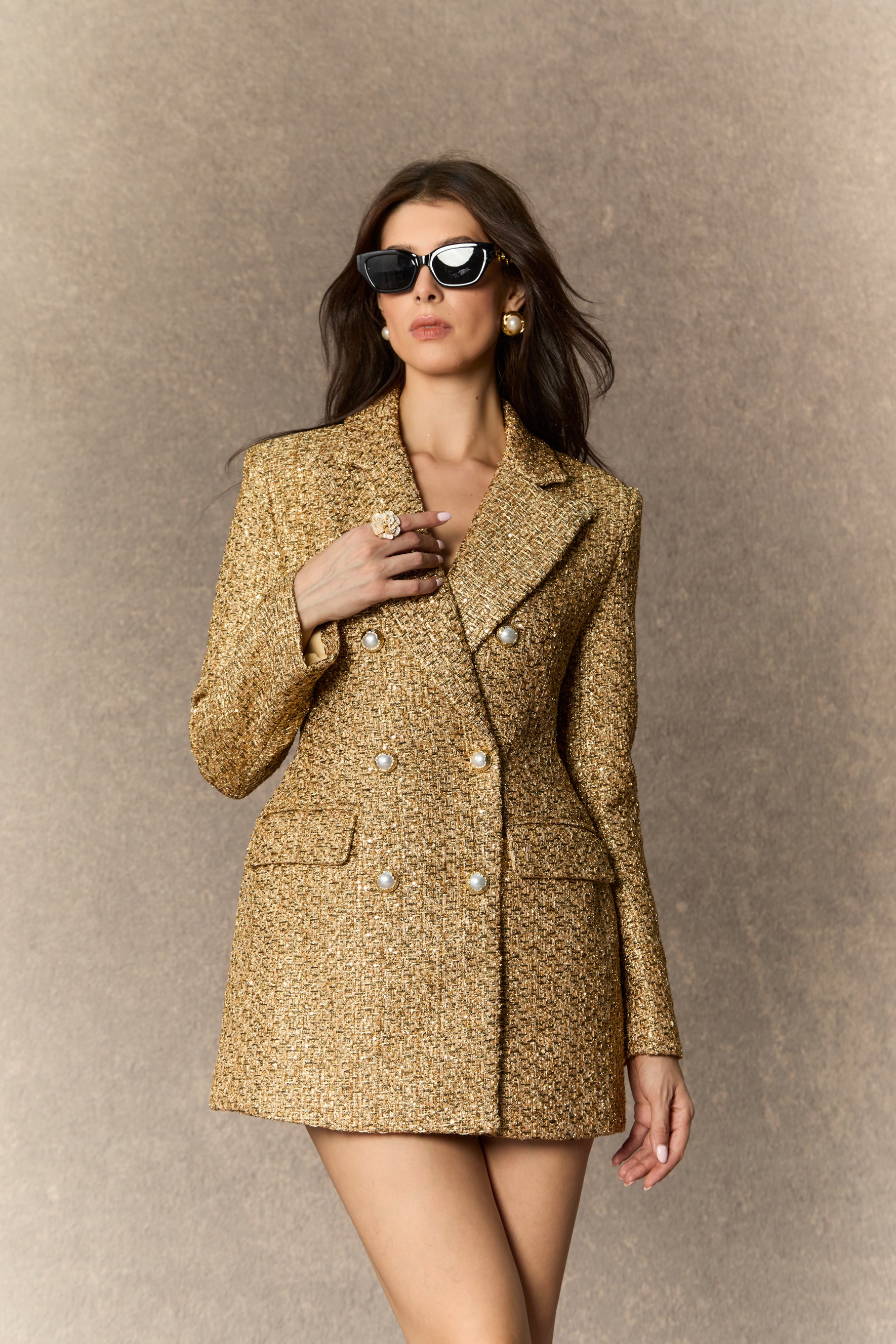 Lavish Looks Gold Double Breasted Tweed Mini Dress