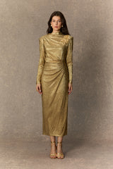 Brilliant Allure Gold Floral Embellished Texture Midi Dress