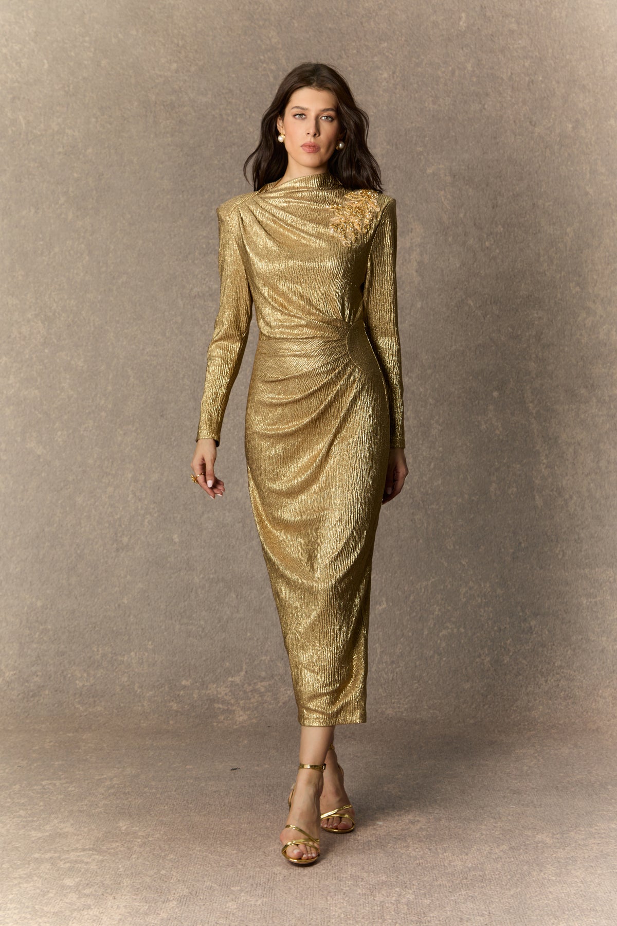Brilliant Allure Gold Floral Embellished Texture Midi Dress