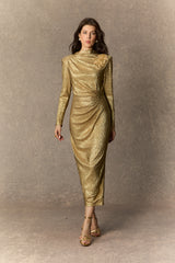 Brilliant Allure Gold Floral Embellished Texture Midi Dress