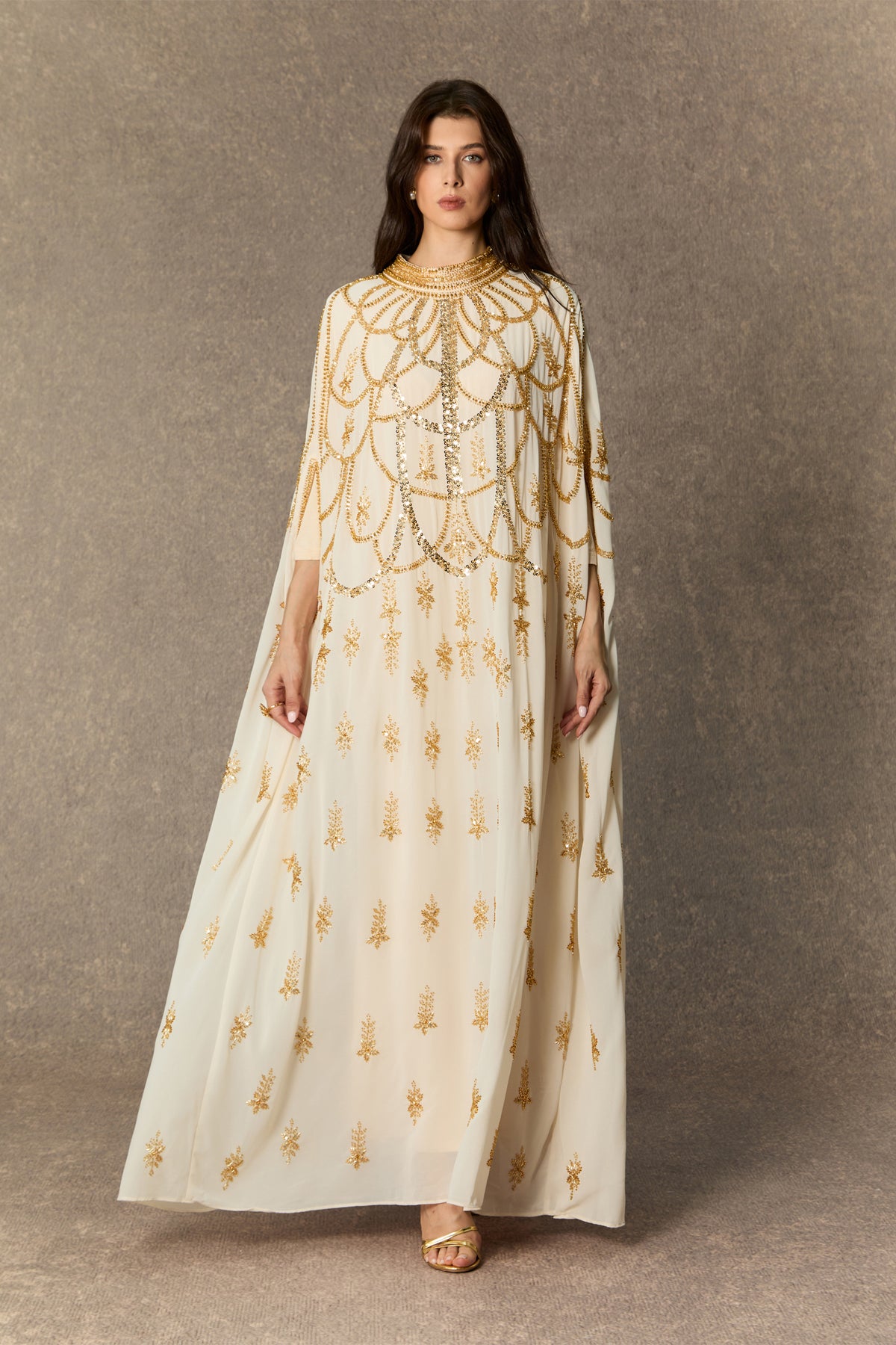Perfectly Luxurious Beige Sequin Embroidered Maxi Kaftan