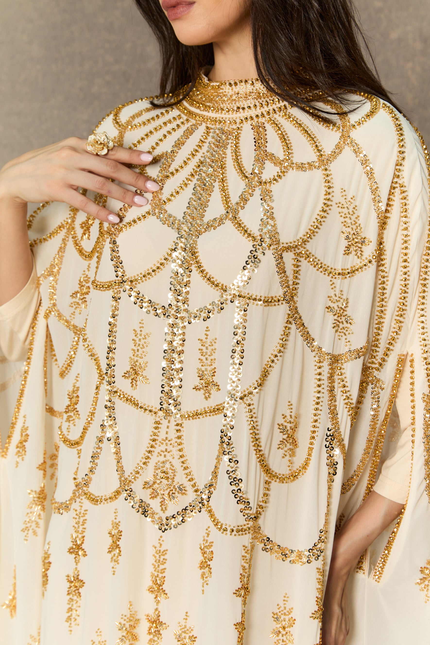 Perfectly Luxurious Beige Sequin Embroidered Maxi Kaftan