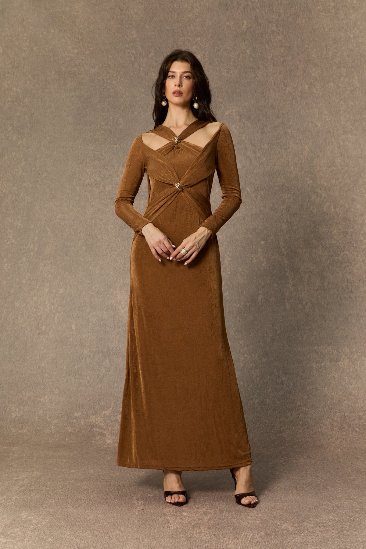 Whimsical Beauty Brown Crossover Bodice Maxi Dress