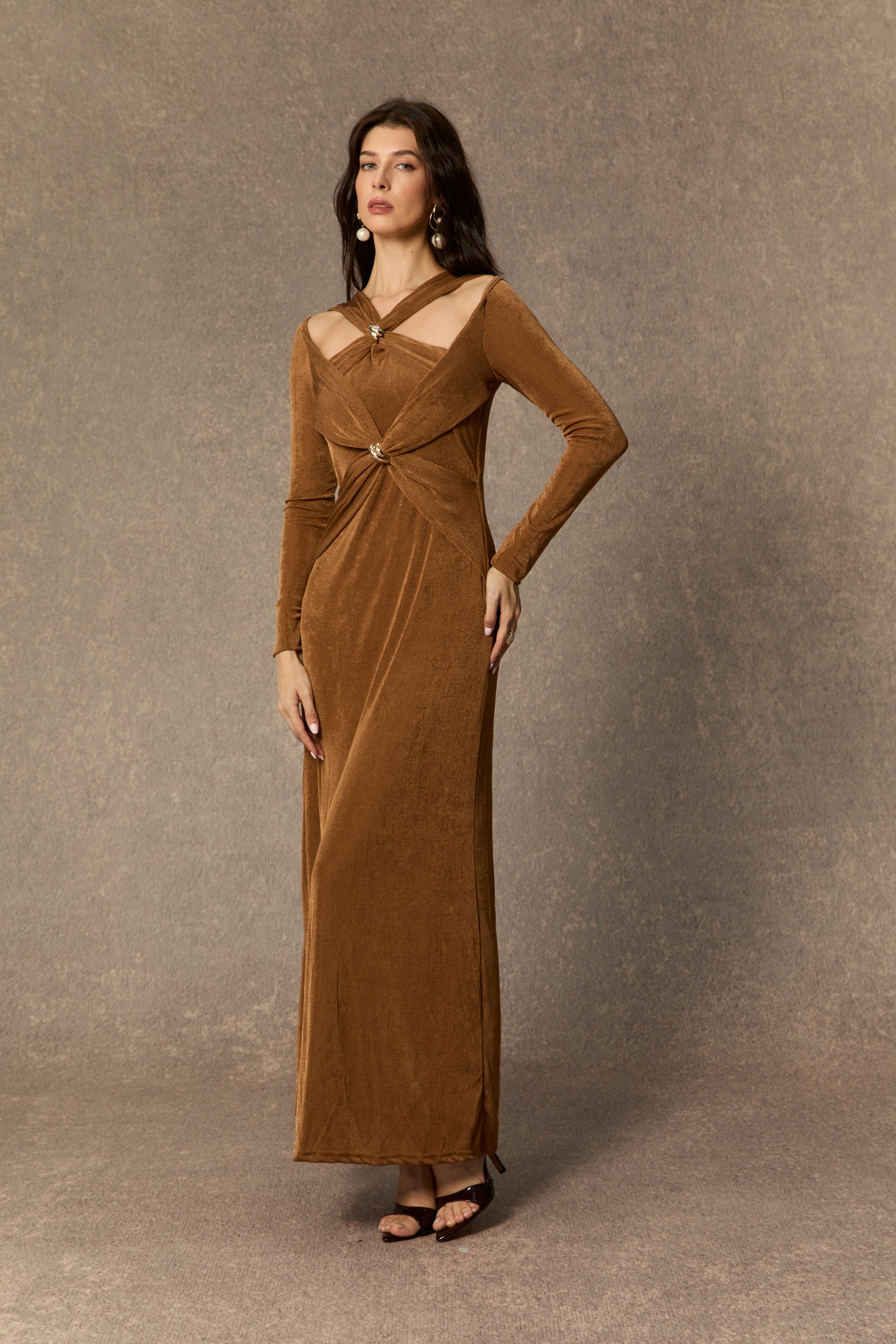 Whimsical Beauty Brown Crossover Bodice Maxi Dress
