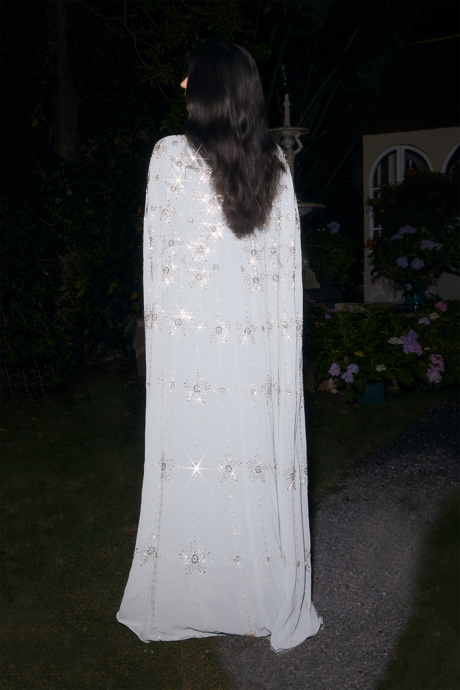 Glowing Charisma Light Blue Sequin Embellished Cape Maxi Dress