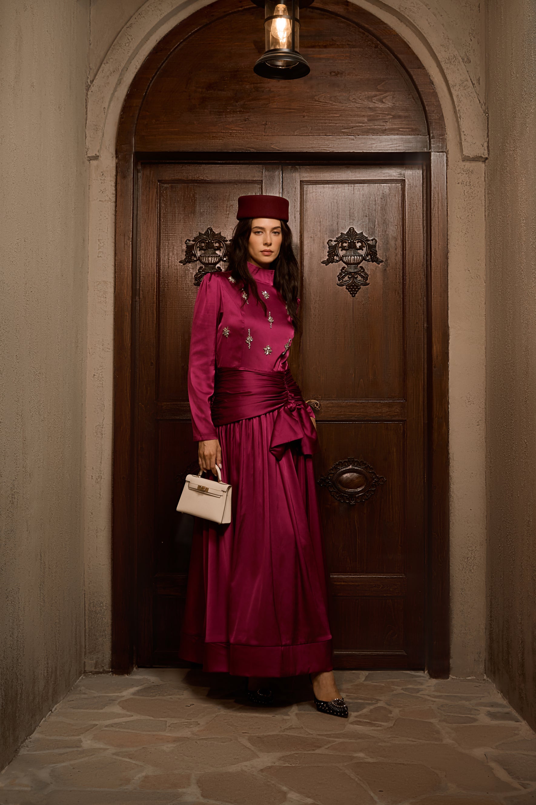 Flirtation Hour Burgundy Diamante Ruched Maxi Dress