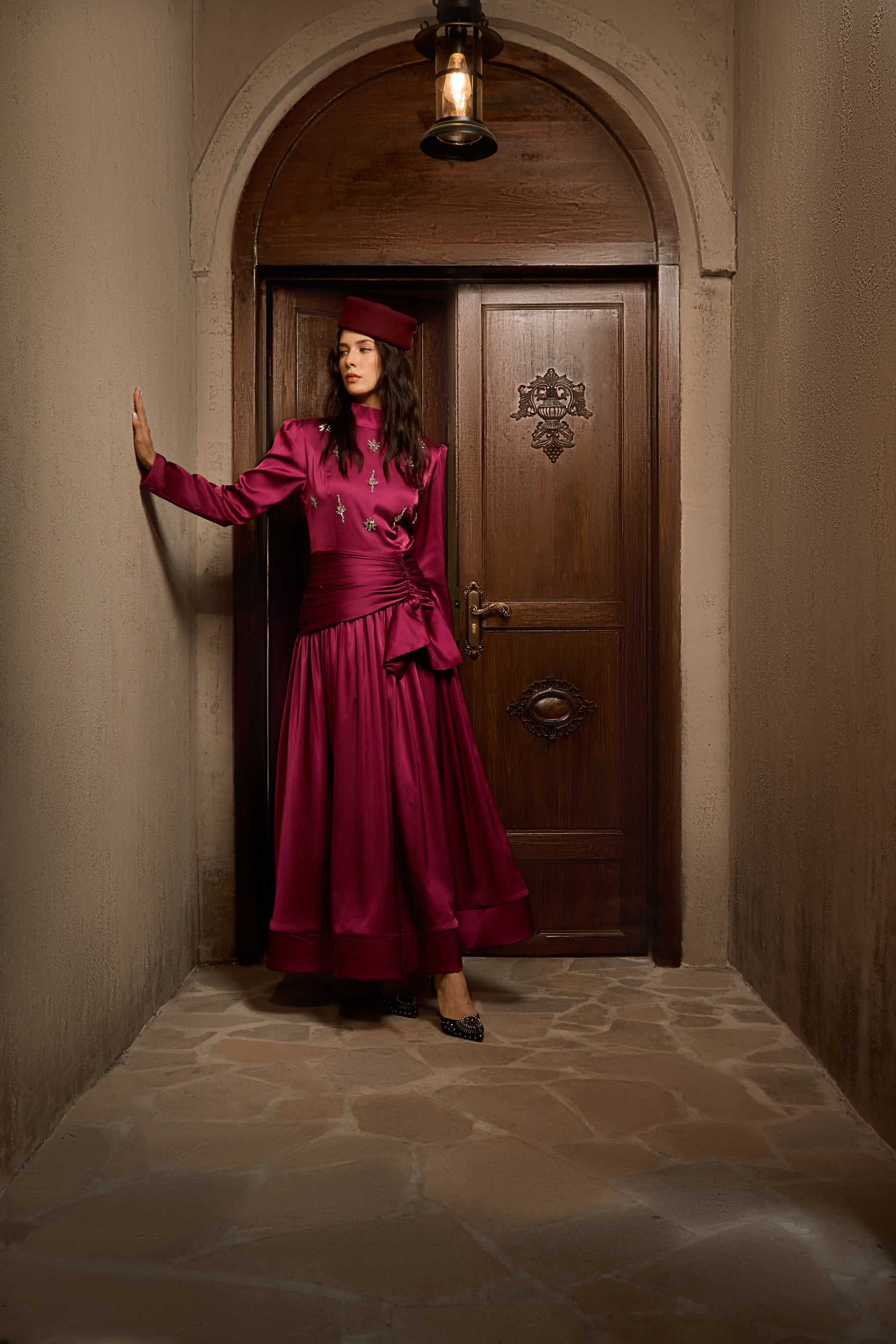 Flirtation Hour Burgundy Diamante Ruched Maxi Dress