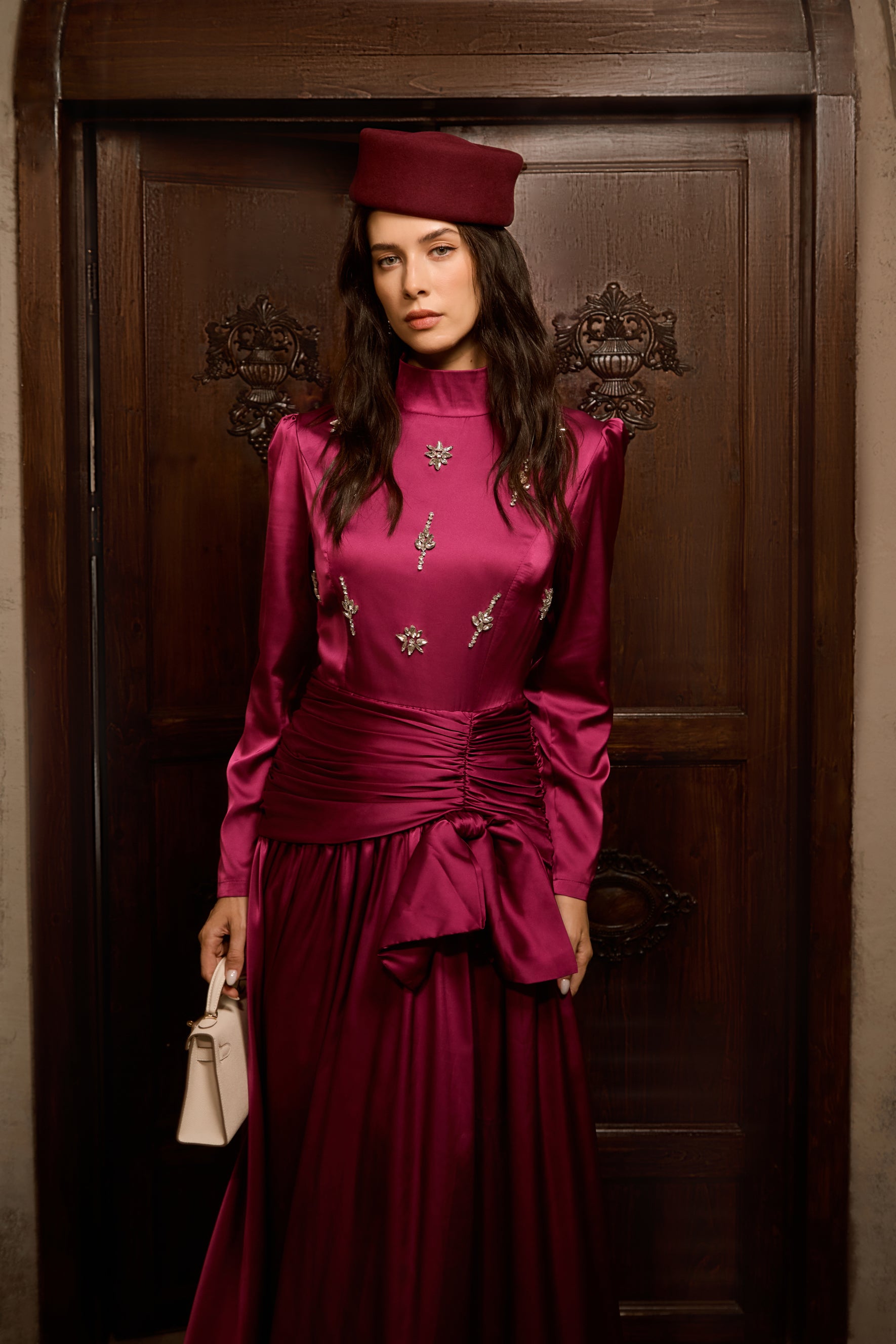 Flirtation Hour Burgundy Diamante Ruched Maxi Dress