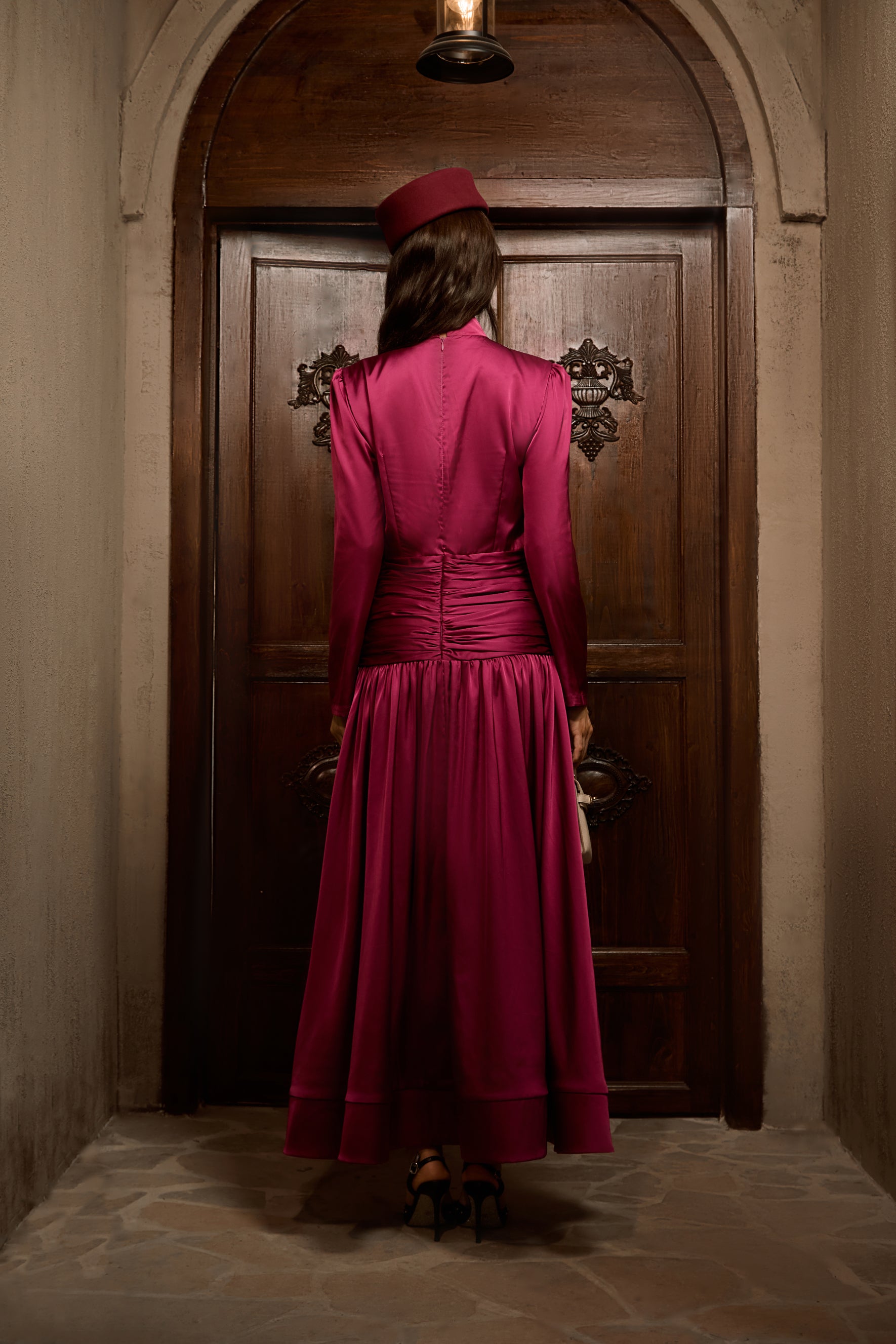 Flirtation Hour Burgundy Diamante Ruched Maxi Dress