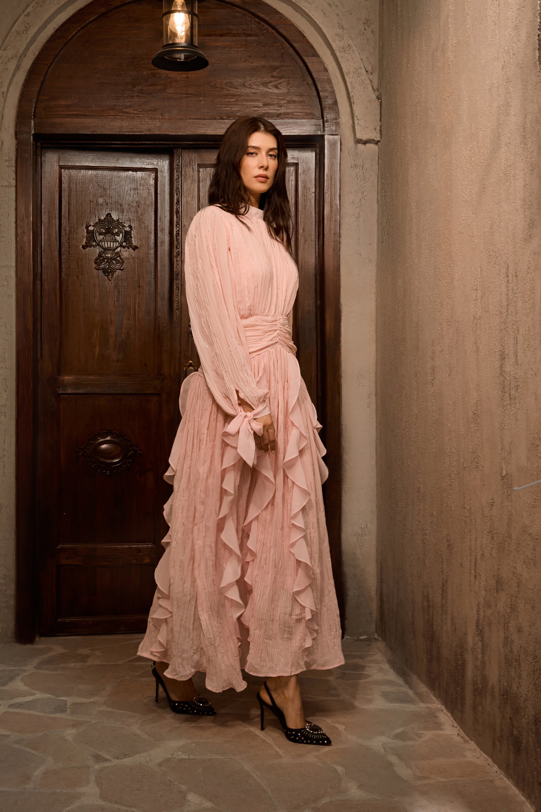 Immaculate Excellence Pink Ruffled Maxi Dress
