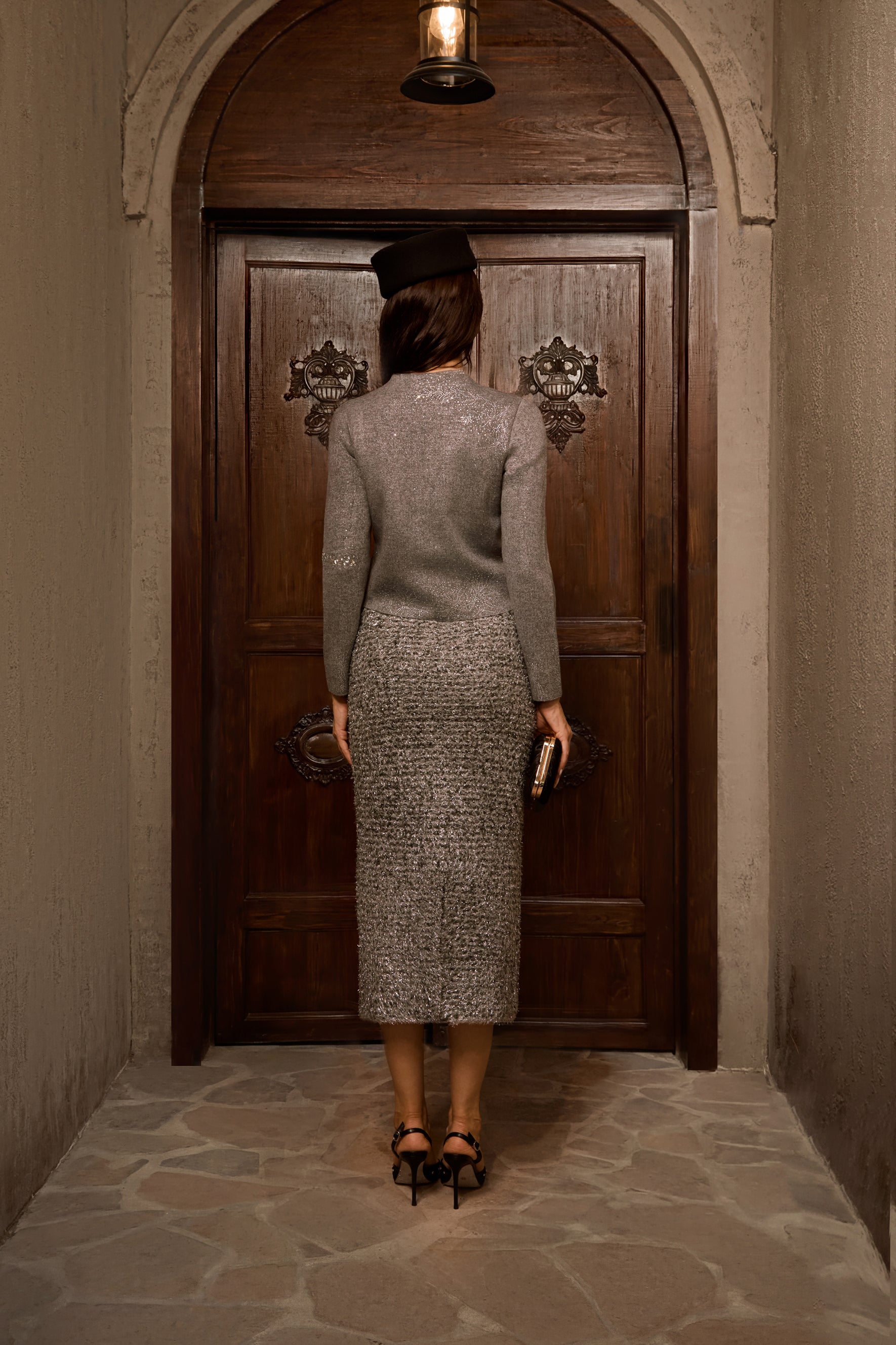 Comfort Style Grey Crystal Embellished Knit Jacket