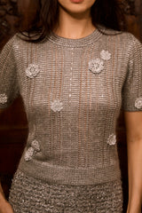 The Lovely Life Grey Floral Applique Short Sleeve Knit Top