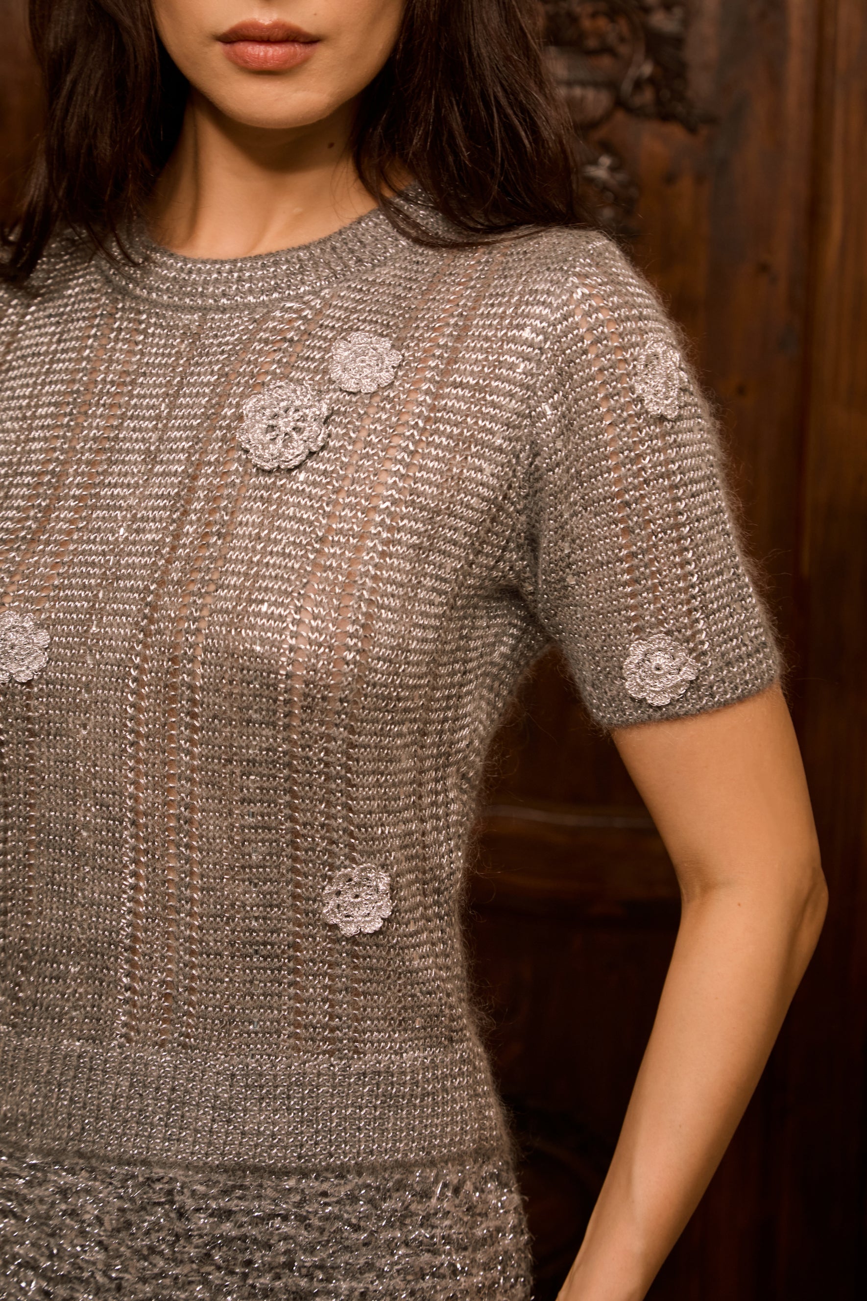The Lovely Life Grey Floral Applique Short Sleeve Knit Top