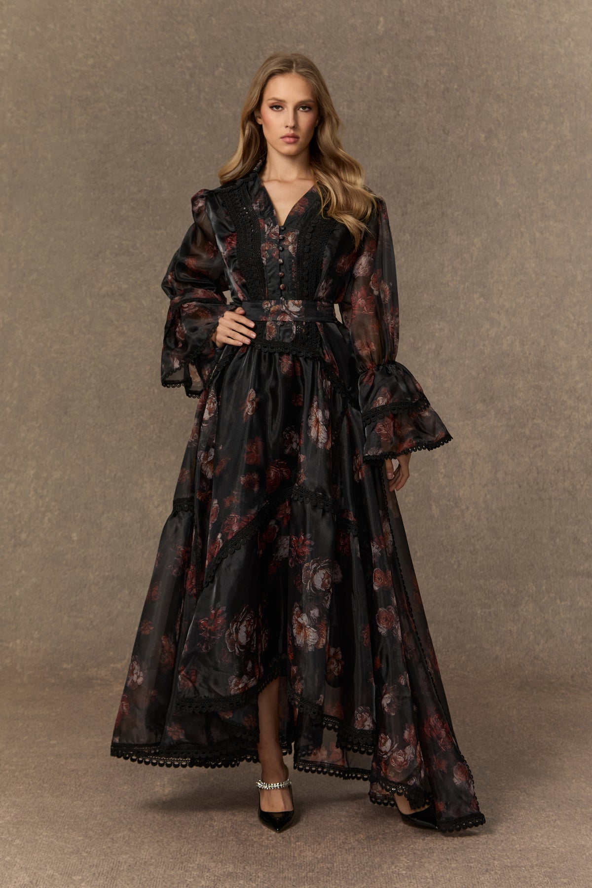 Comfort Zone Black Floral Lace Trimmed Maxi Dress