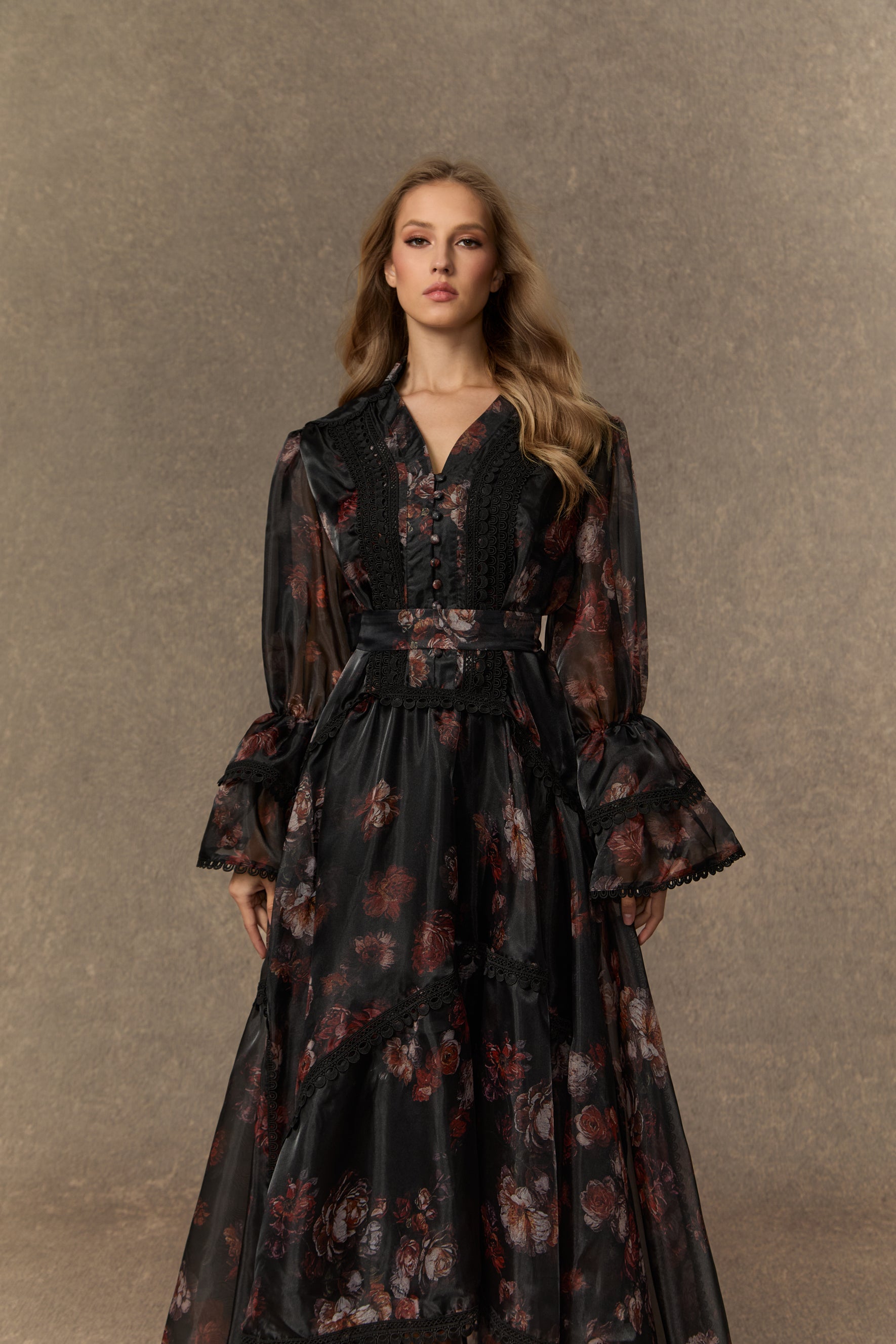 Comfort Zone Black Floral Lace Trimmed Maxi Dress