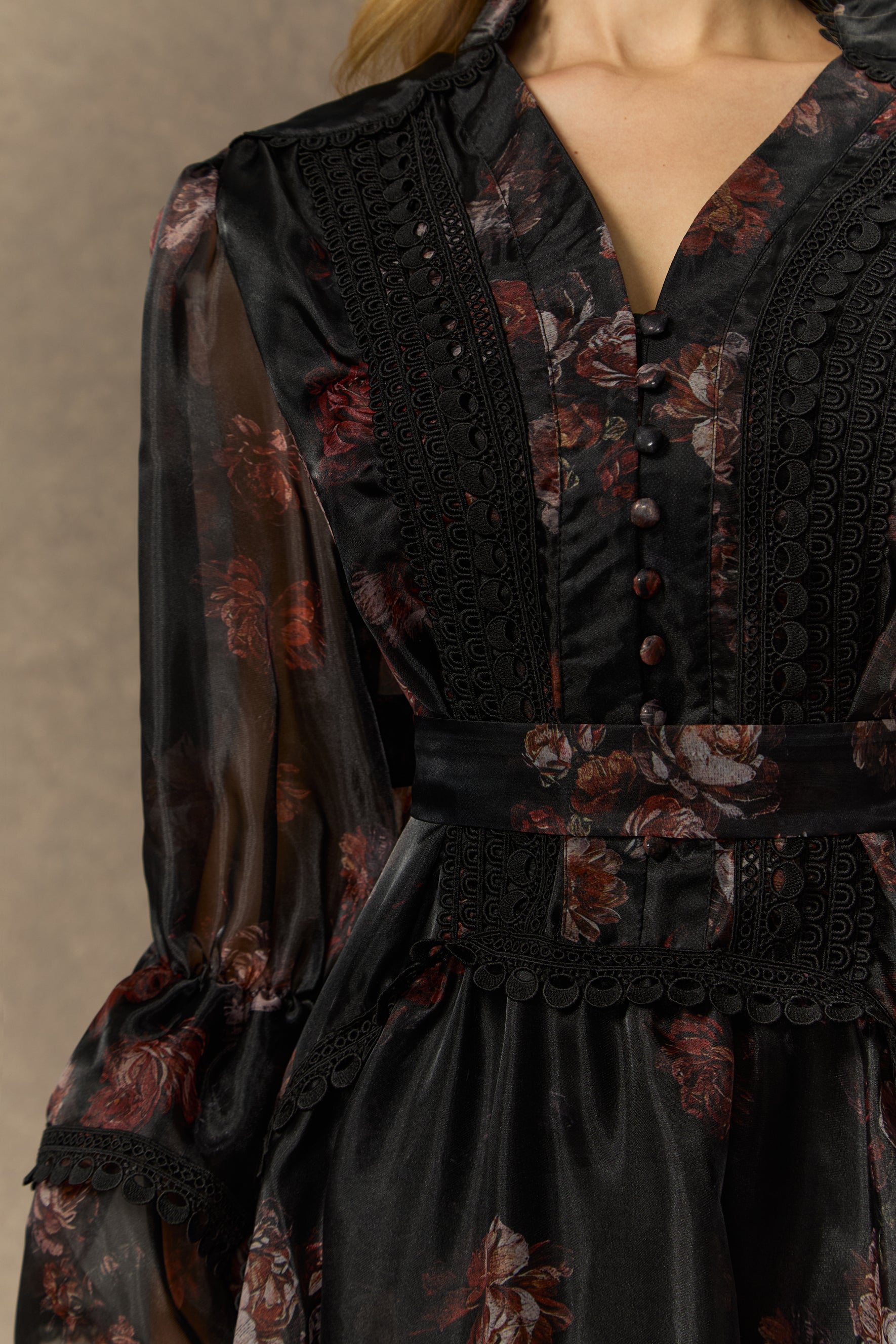 Comfort Zone Black Floral Lace Trimmed Maxi Dress