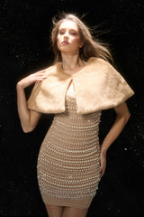 Vibe In Style Khaki Pearl Embellished Dress & Fur Cape Set