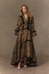 Exotic Appeal Brown Leopard Print Lace Trim Maxi Dress