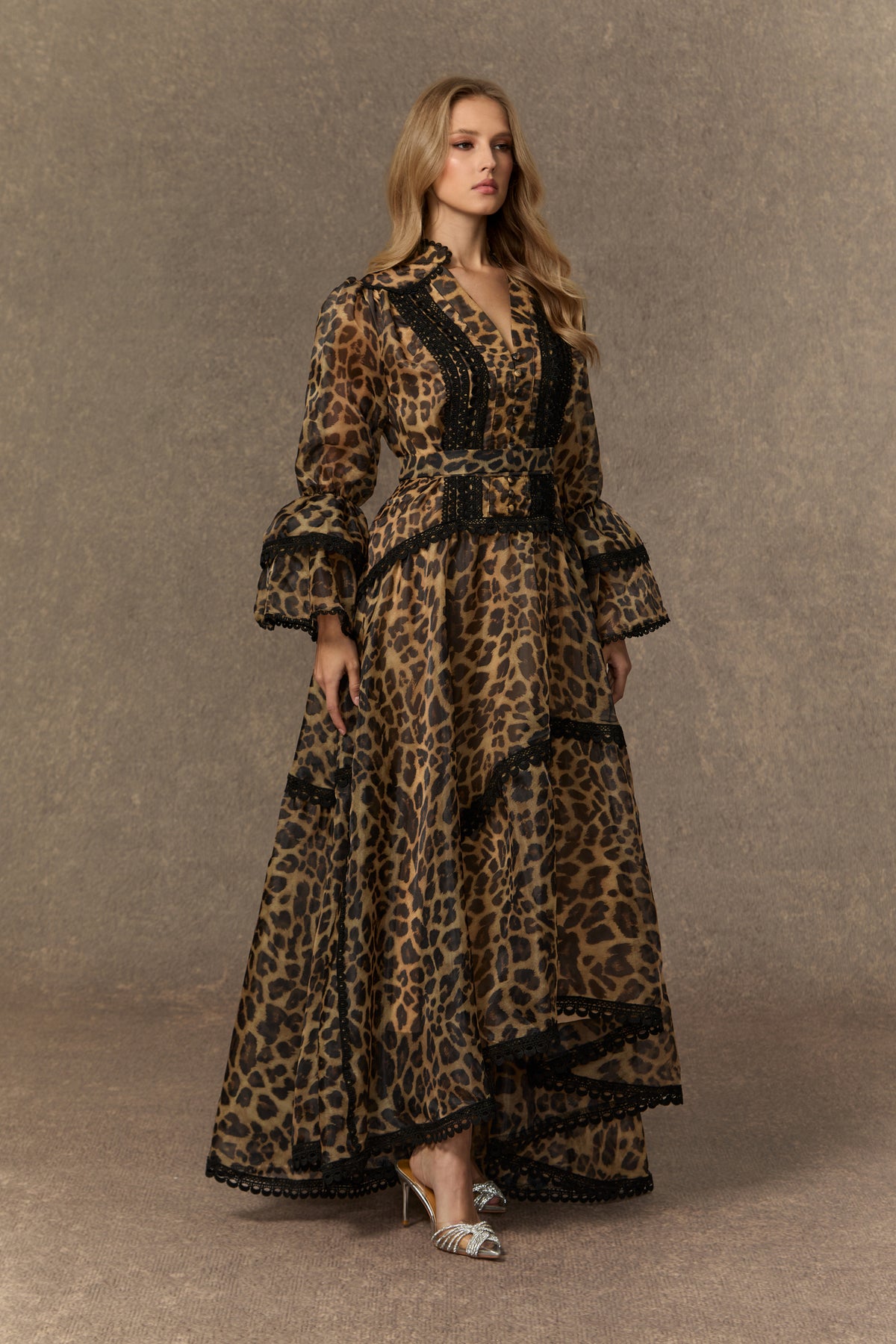 Exotic Appeal Brown Leopard Print Lace Trim Maxi Dress