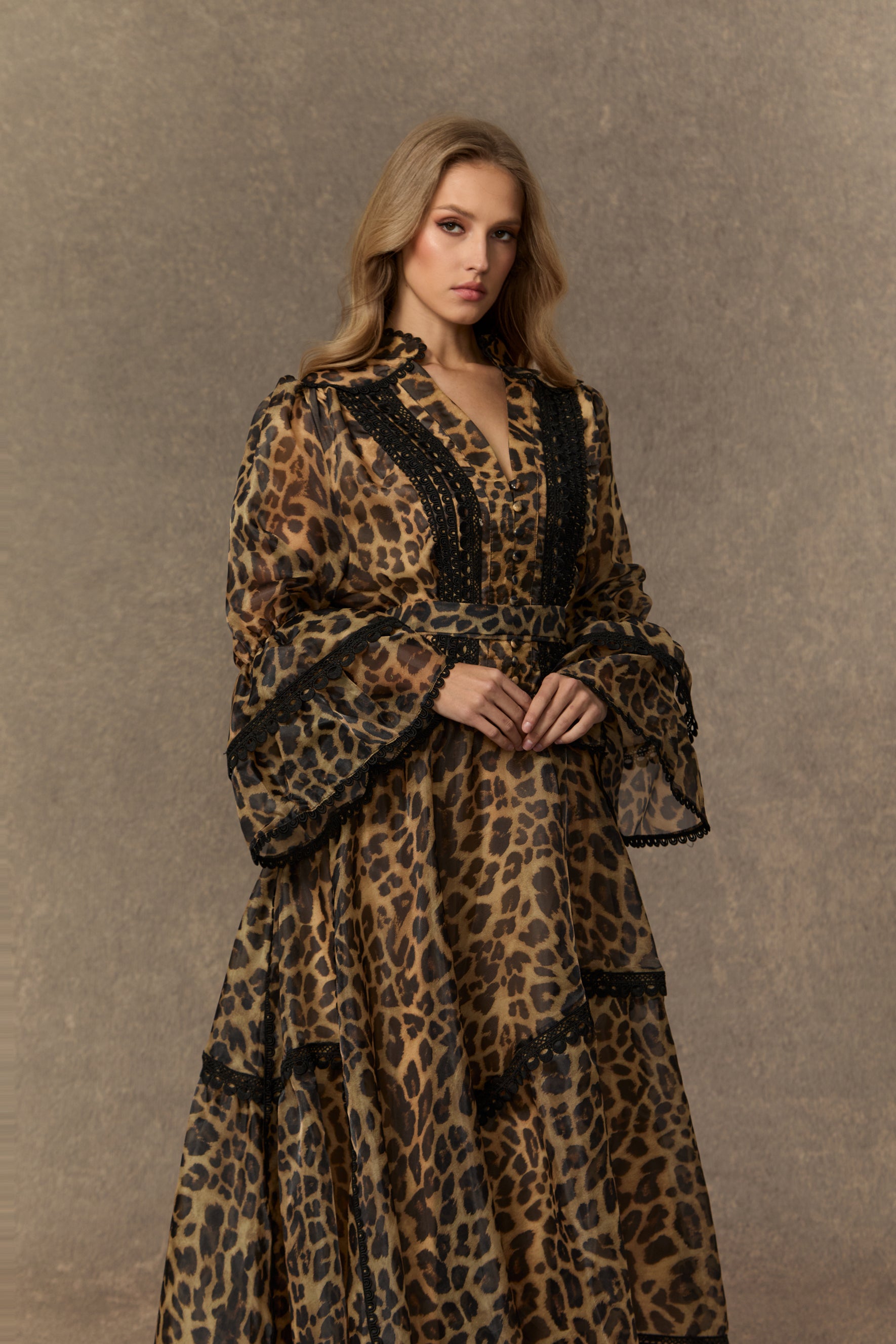 Exotic Appeal Brown Leopard Print Lace Trim Maxi Dress