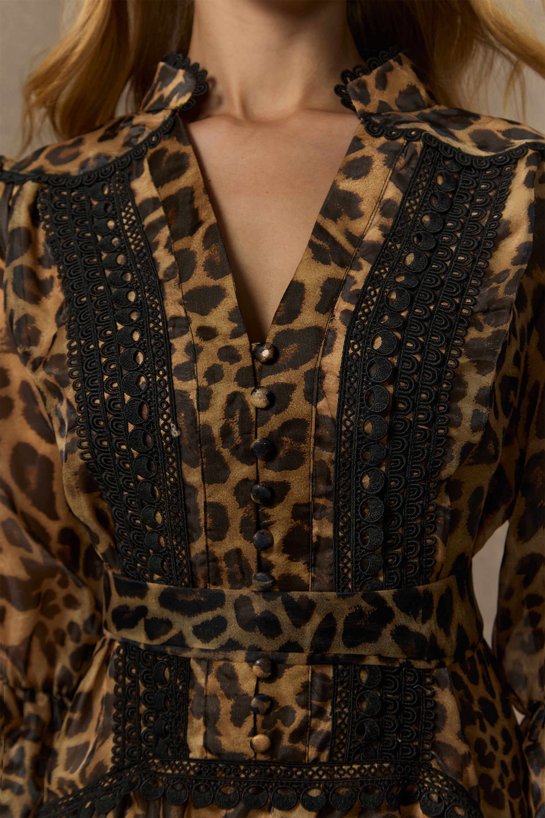 Exotic Appeal Brown Leopard Print Lace Trim Maxi Dress