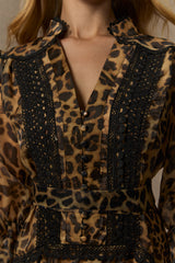 Exotic Appeal Brown Leopard Print Lace Trim Maxi Dress